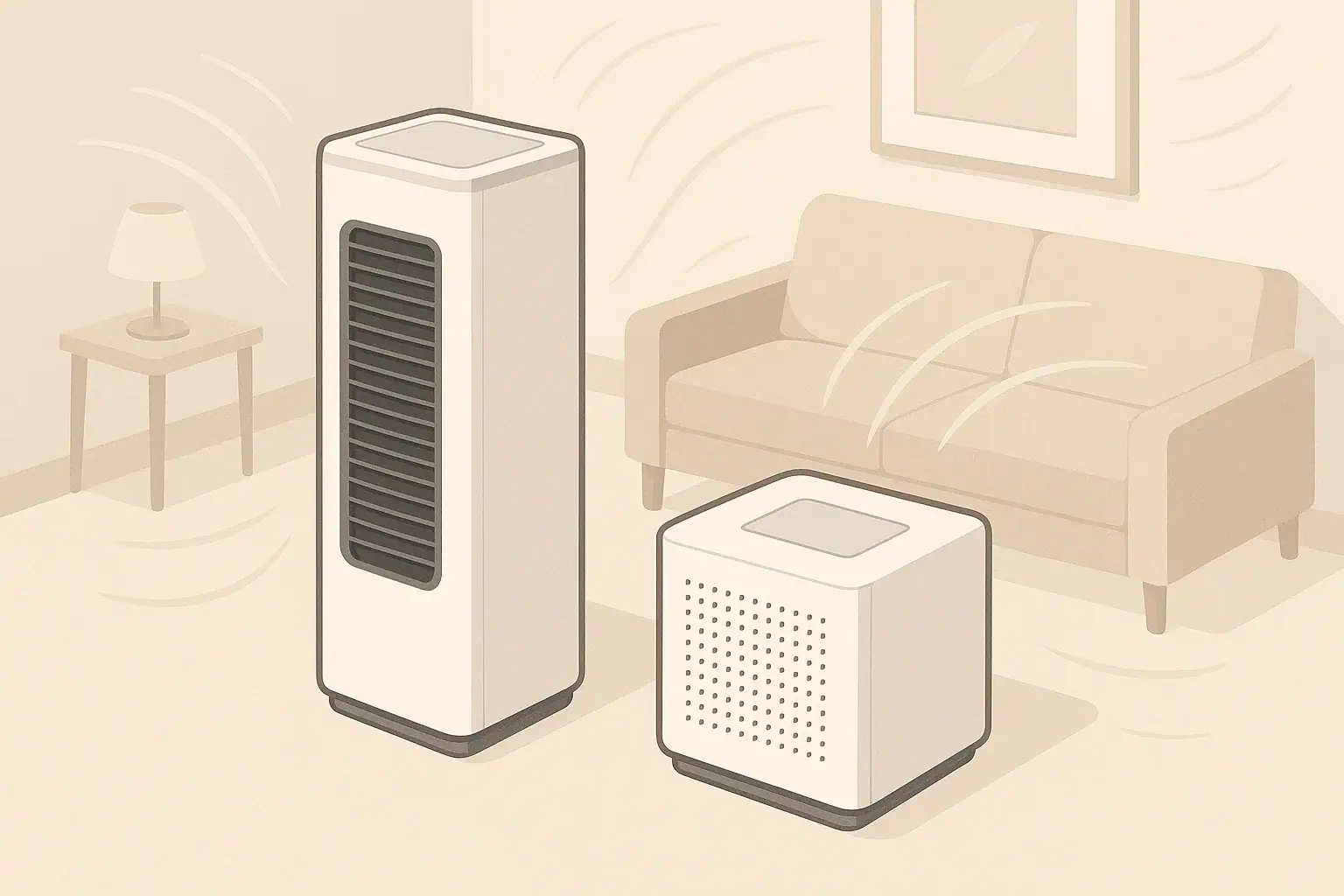 isometric illustration comparing two indoor air cleaning devices
