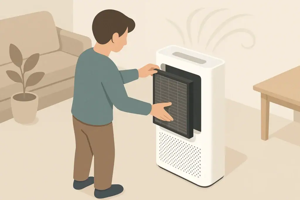 Person removing air purifier filter for routine maintenance
