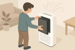 Person removing air purifier filter for routine maintenance