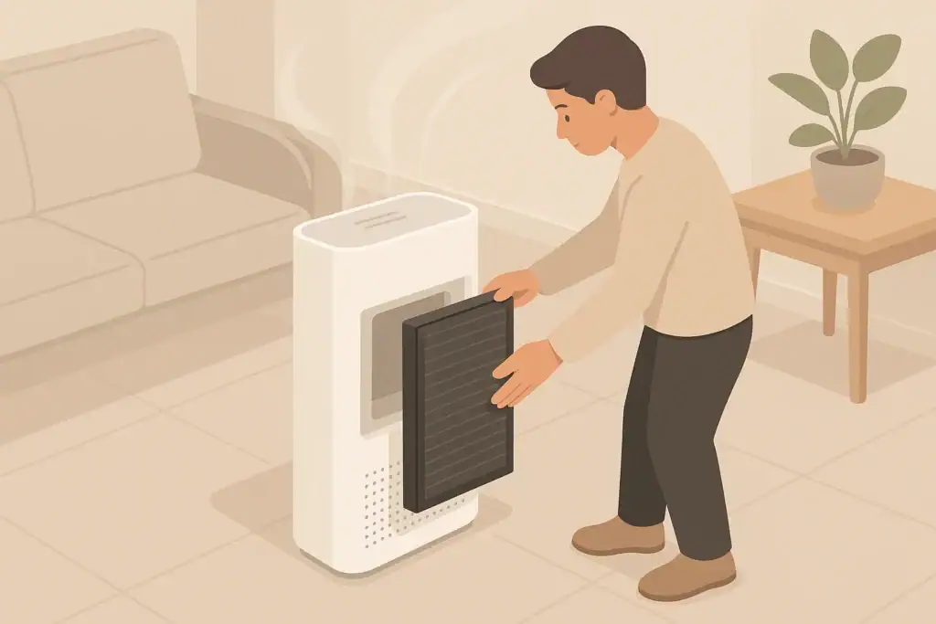 Person removing a carbon filter from a home air purifier