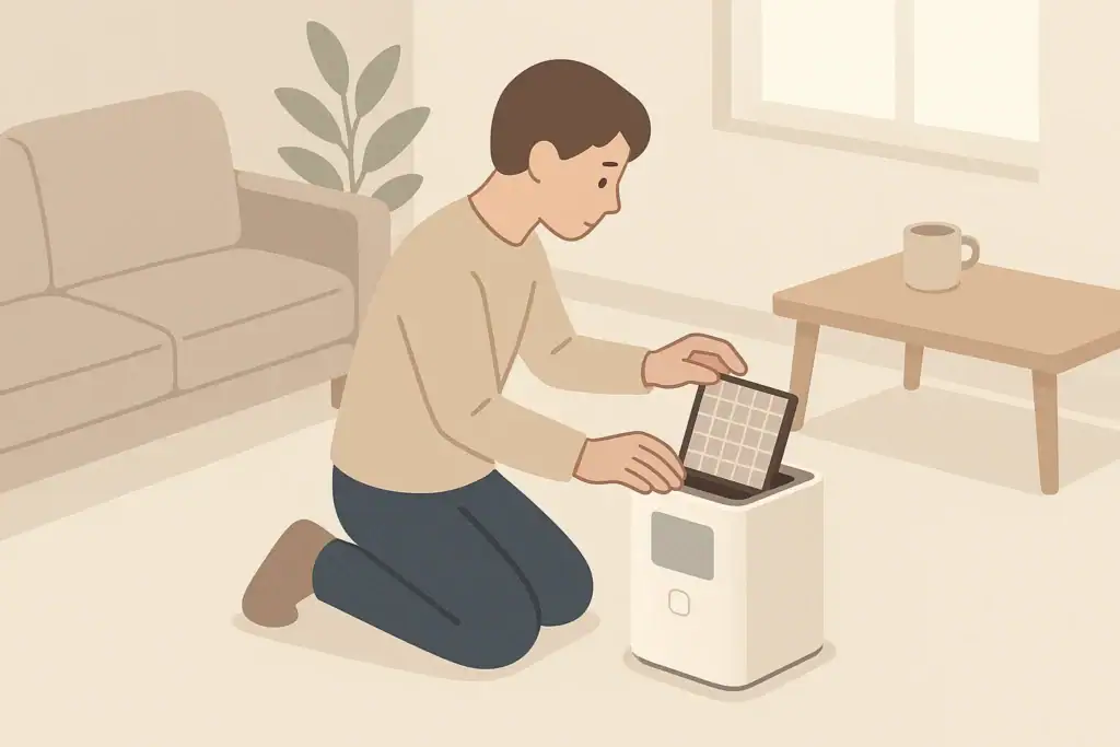 Person cleaning a home air quality monitor sensor cover