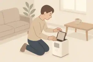 Person cleaning a home air quality monitor sensor cover