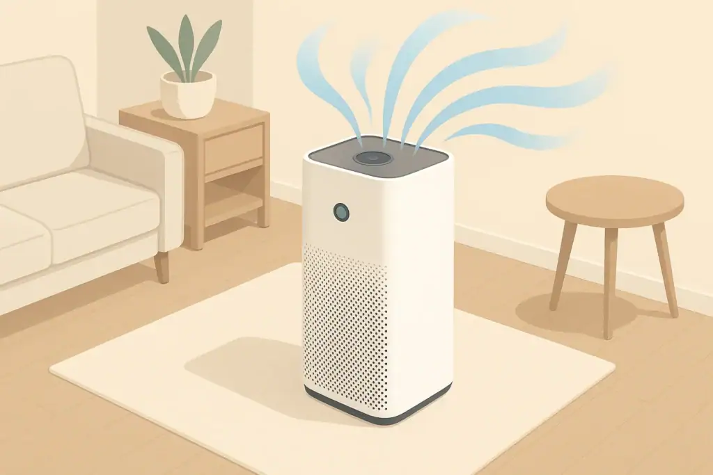 Isometric illustration of a modern air purifier in a tidy room