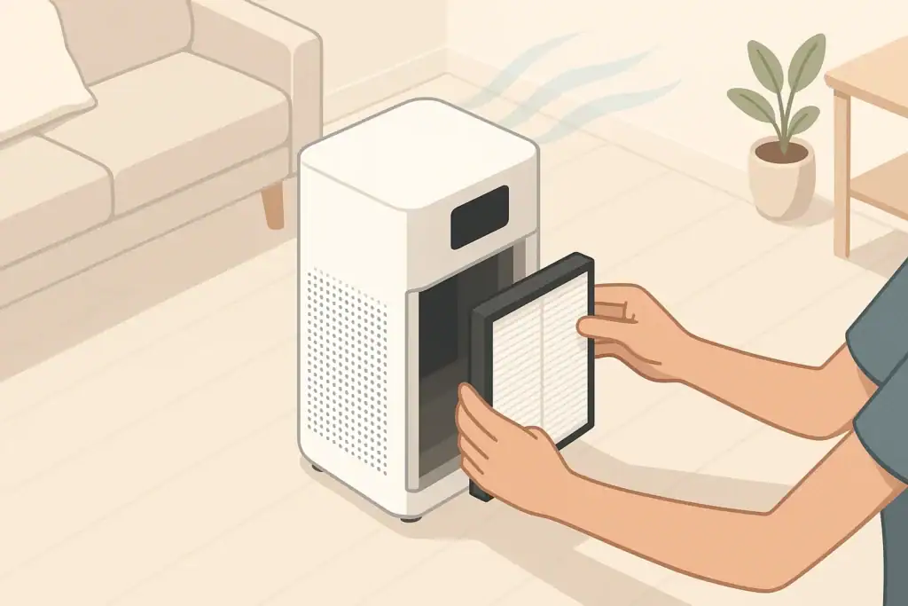 Person replacing a HEPA filter in a modern home purifier