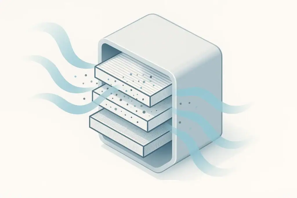 Isometric illustration of air passing through HEPA filter layers