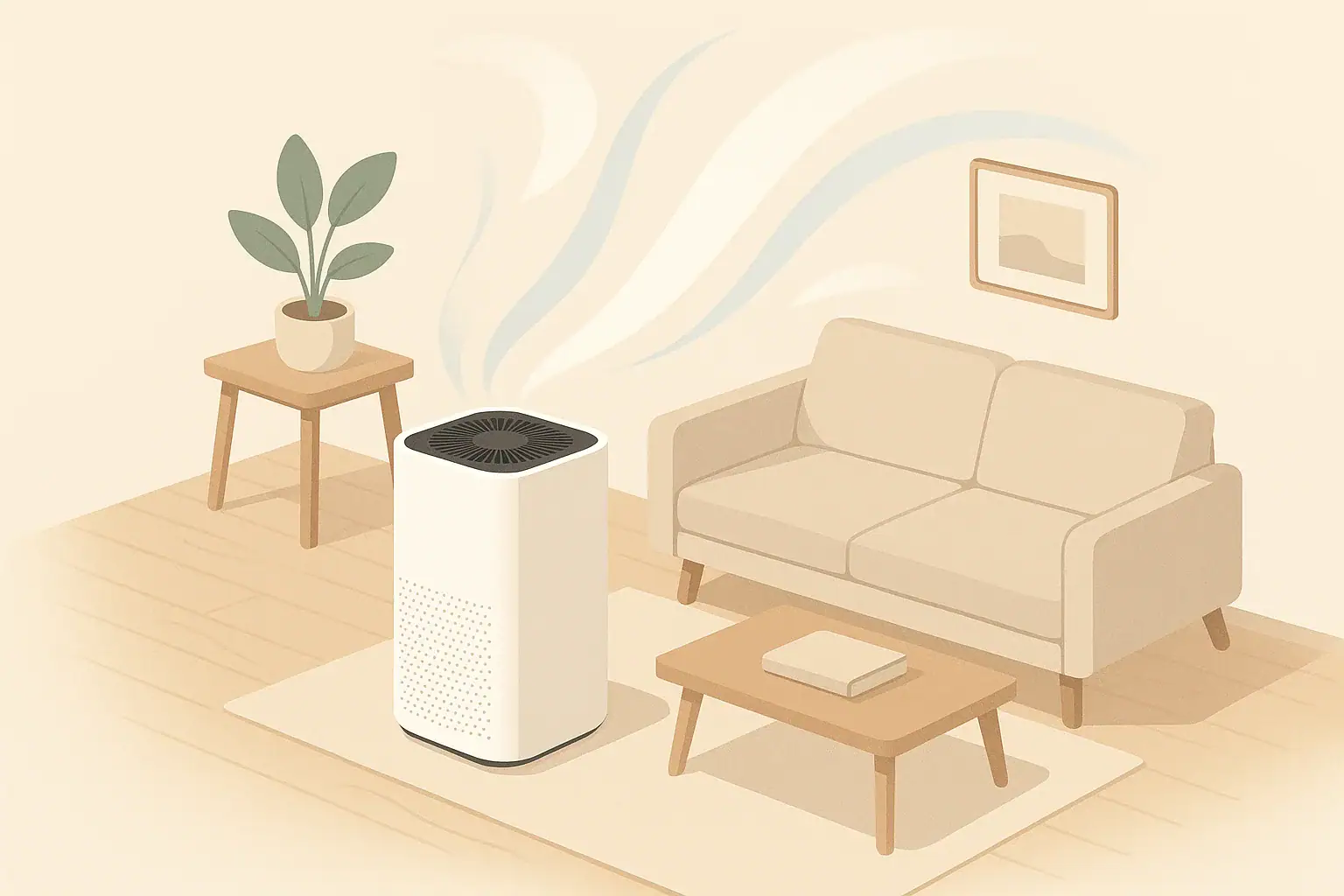 Isometric illustration of a home air purifier in a clean living room