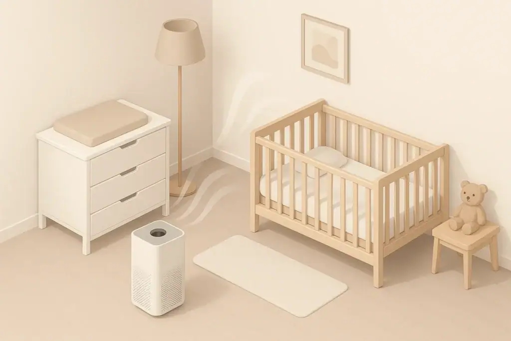 Quiet air purifier running in a tidy baby nursery