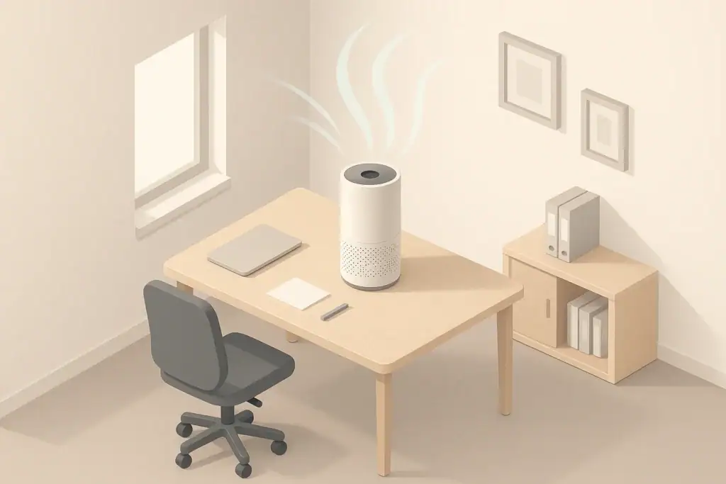 Isometric illustration of a small office desk with air purifier