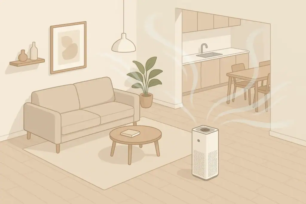 Air purifier in an open-plan living room showing airflow