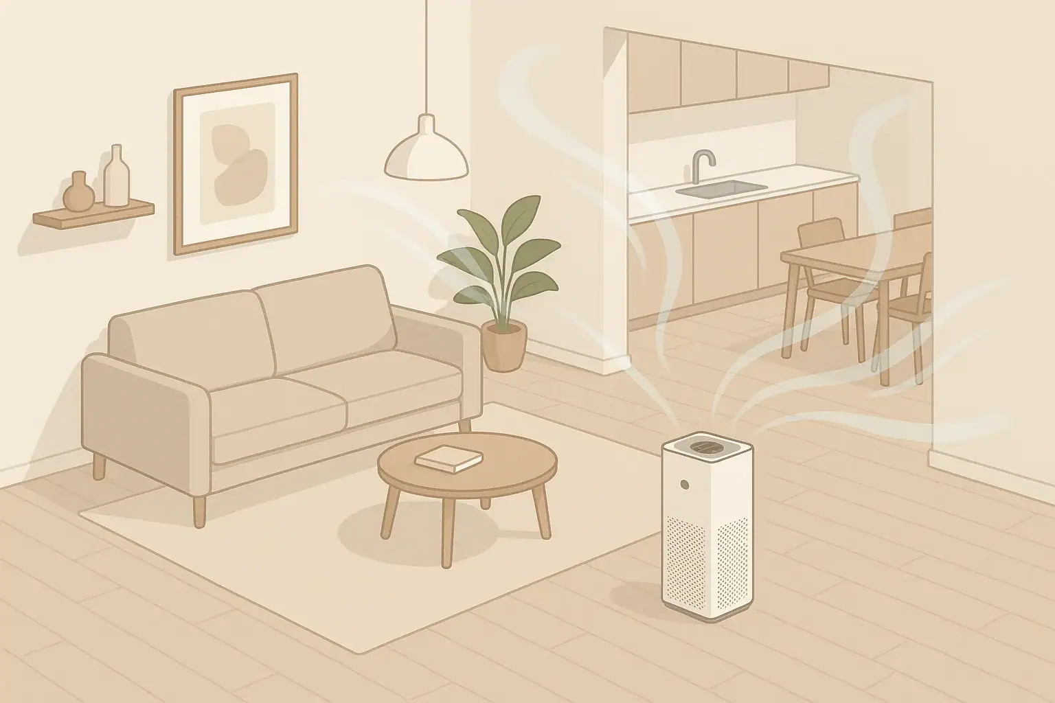Air purifier in an open-plan living room showing airflow