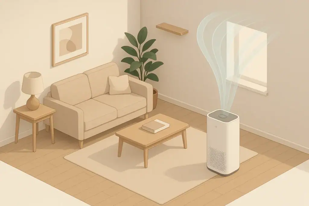 Isometric illustration of a living room with a generic air purifier
