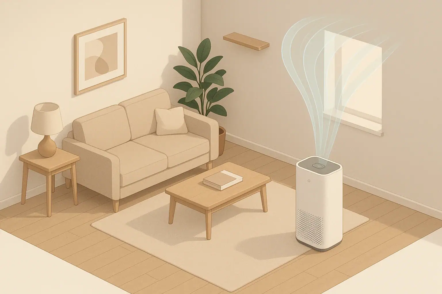 Isometric illustration of a living room with a generic air purifier