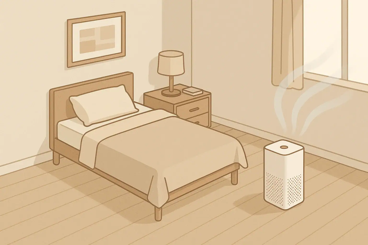 Bedroom with air purifier showing subtle airflow illustration