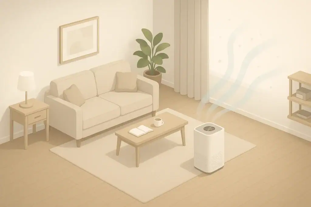 Isometric illustration of a living room with an air purifier