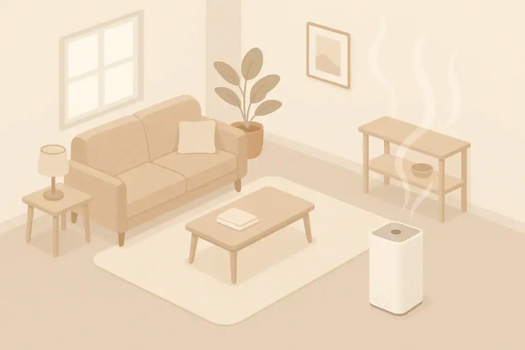 Isometric illustration of room with air purifier and airflow
