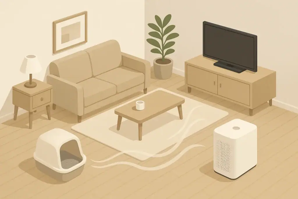 Isometric living room with air purifier near cat litter box