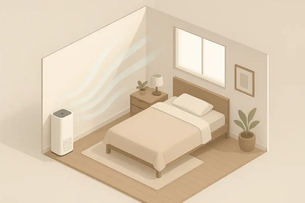 Isometric bedroom with air purifier and gentle airflow