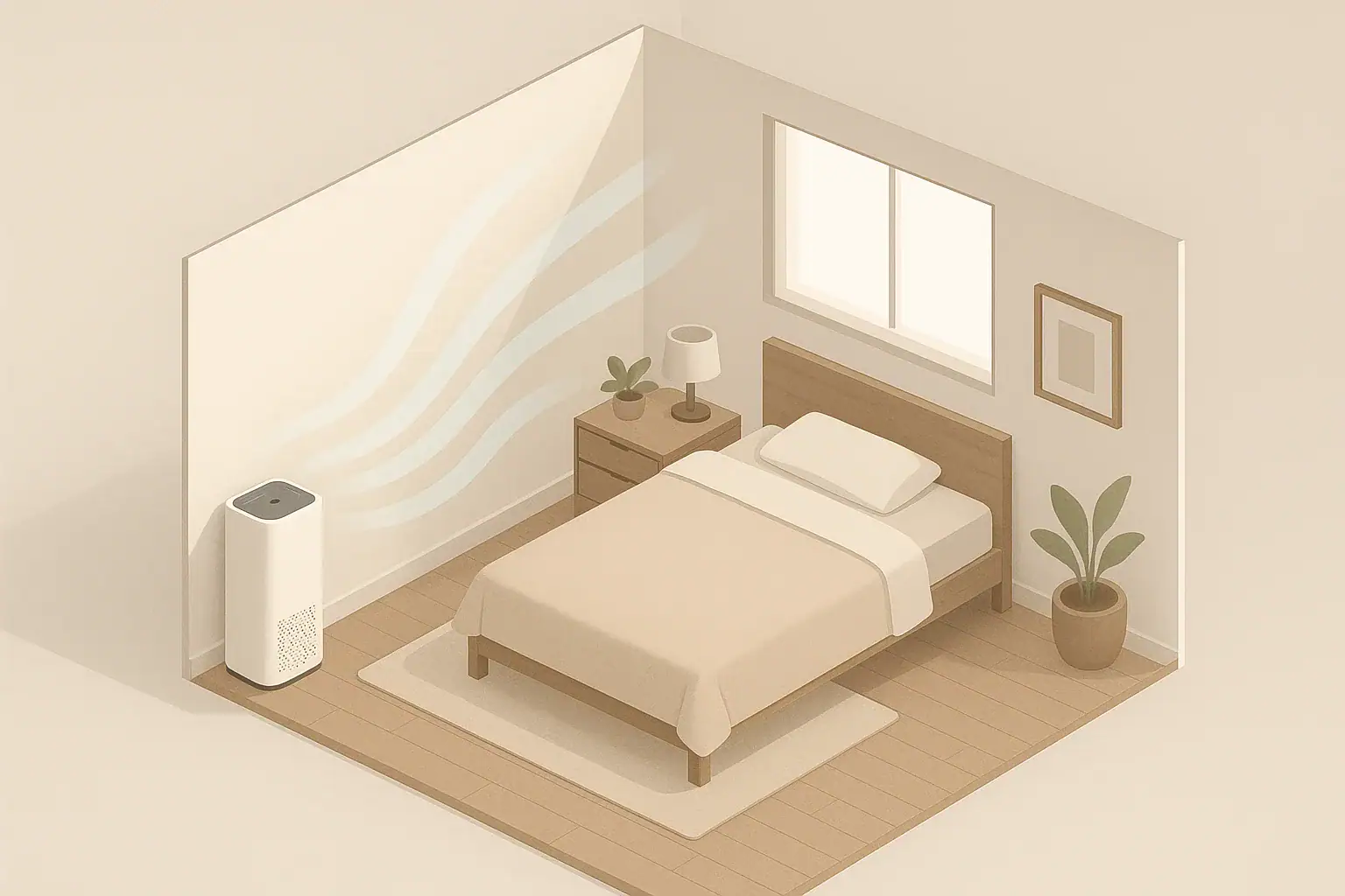 Isometric bedroom with air purifier and gentle airflow
