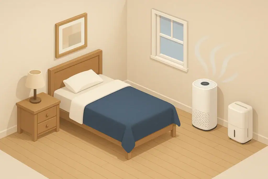Air purifier operating in a tidy bedroom with balanced humidity