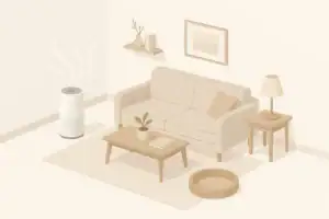 Isometric living room with air purifier and pet bed
