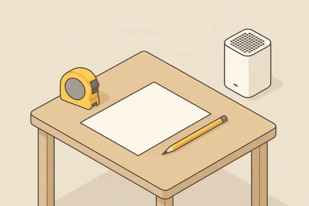 Isometric illustration of room and purifier sizing setup