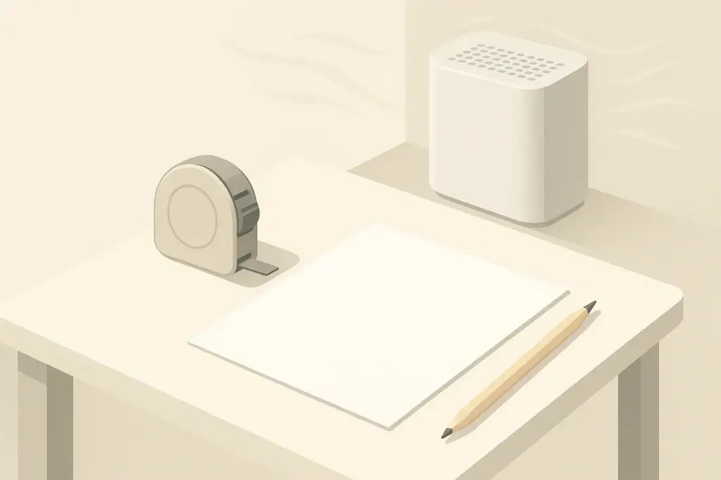Isometric illustration of room sizing tools and air purifier