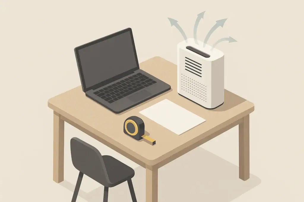 Isometric illustration of desk, tape measure and air purifier