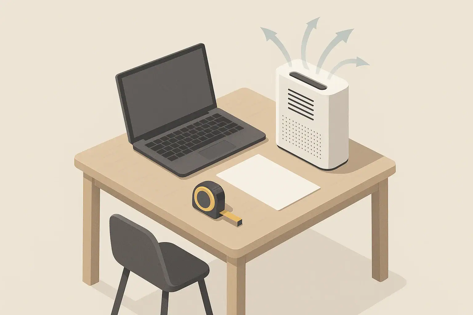 Isometric illustration of desk, tape measure and air purifier