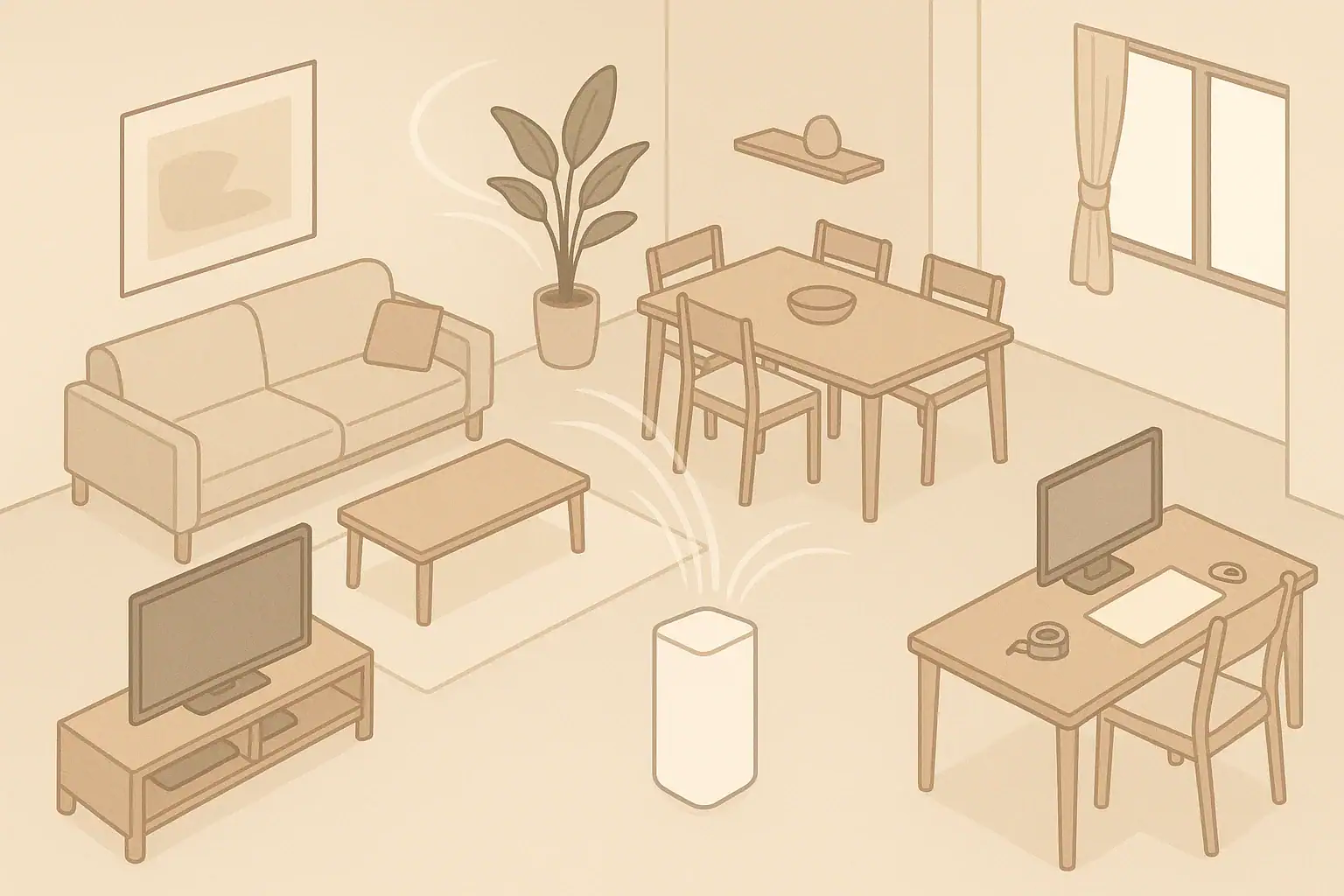 Isometric illustration of open-plan room with air purifier