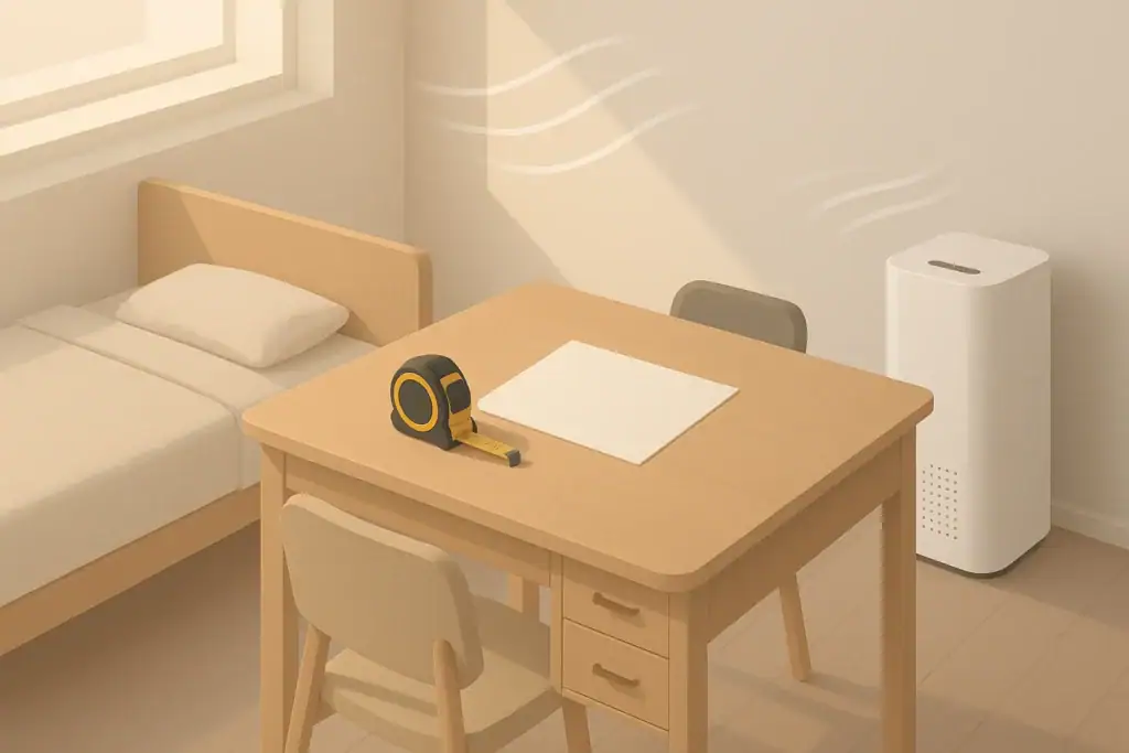 Isometric bedroom scene with purifier and measuring tools