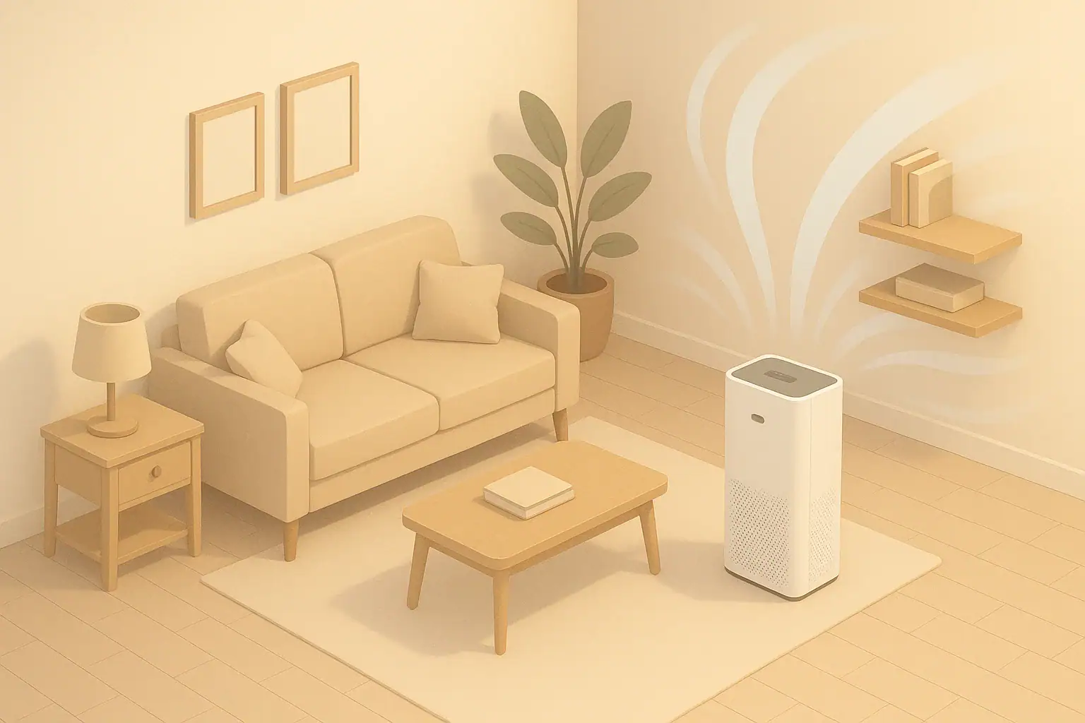 Isometric illustration of home air purifier running in living room