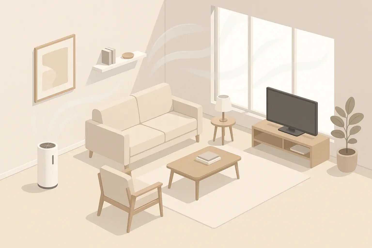 isometric illustration of a large living room with air purifier