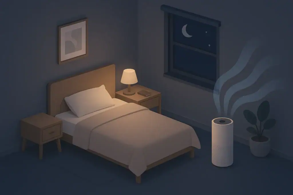 Quiet bedroom scene with air purifier beside bed