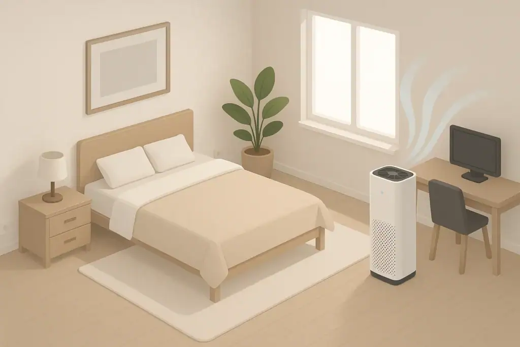 Isometric bedroom with running air purifier and gentle airflow