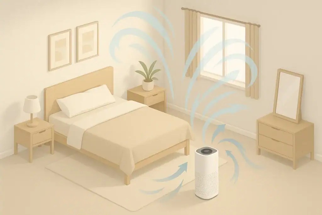 Bedroom scene showing proper placement of a home air purifier