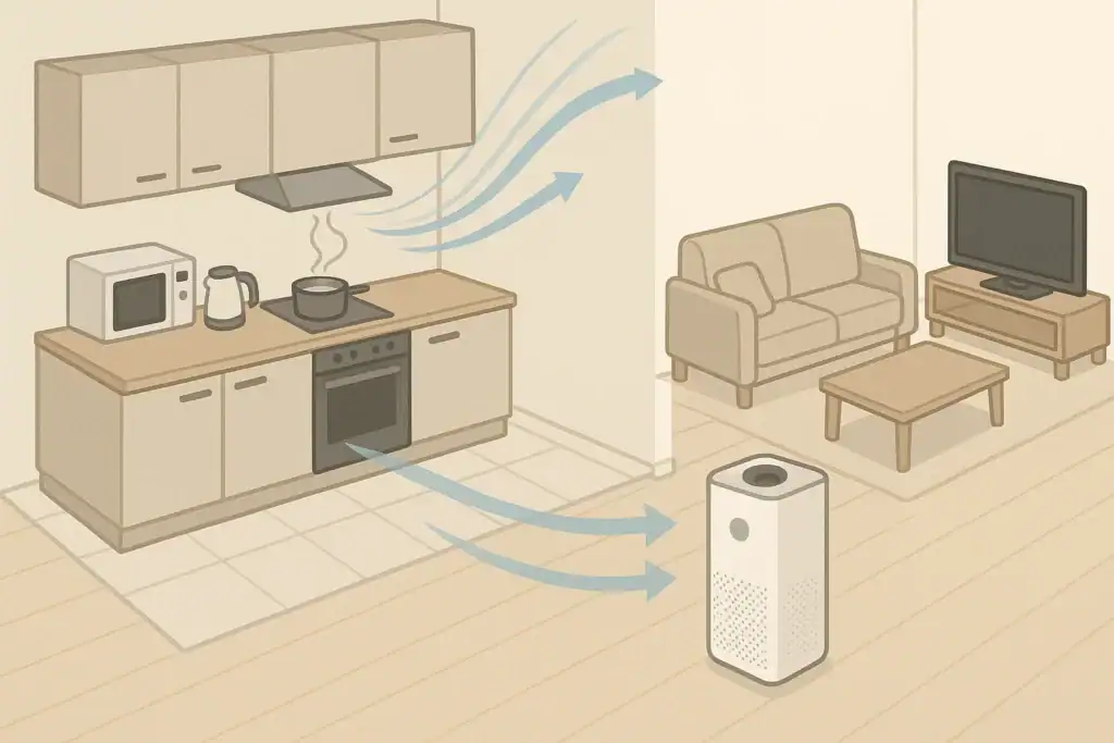 Air purifier running near an open kitchen to capture cooking smoke