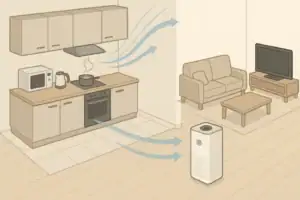 Air purifier running near an open kitchen to capture cooking smoke