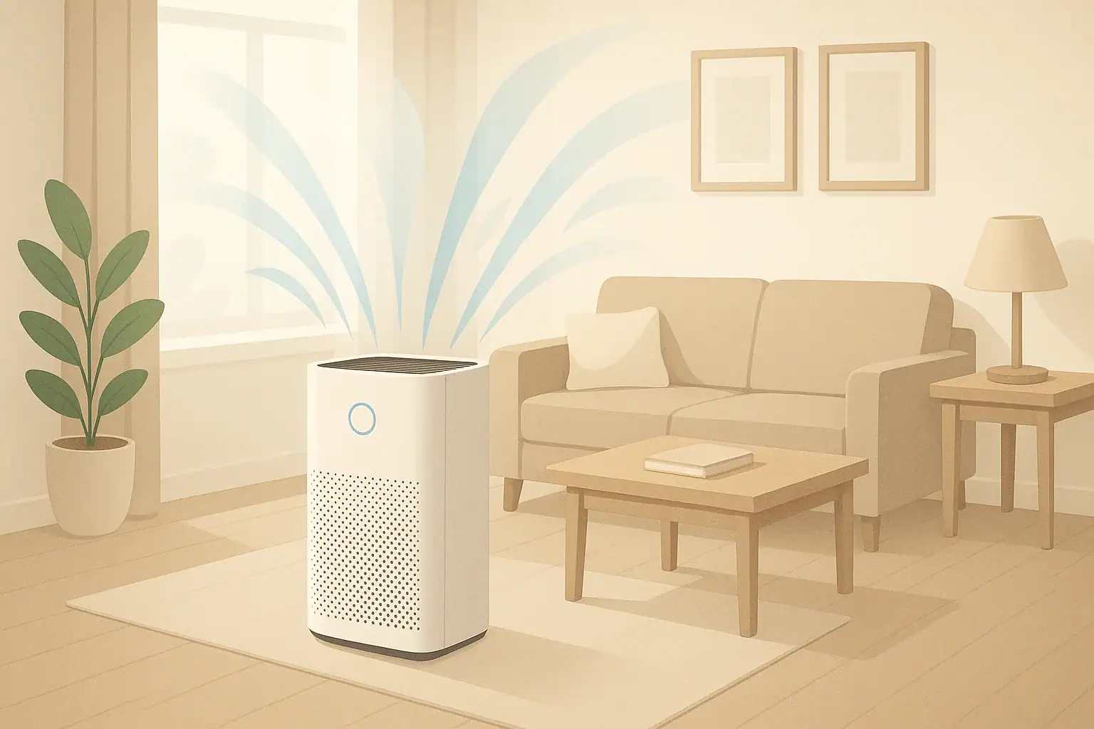 Isometric air purifier in a tidy room suggesting ozone free safety