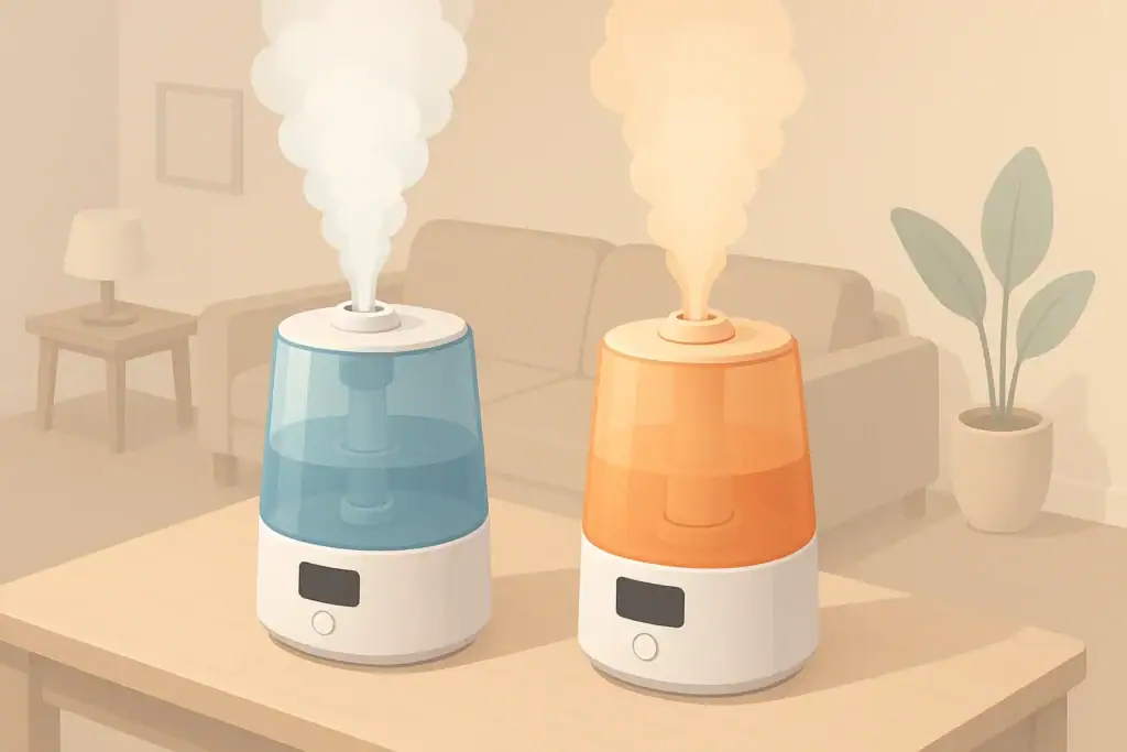 Two humidifiers showing warm and cool mist in a living room