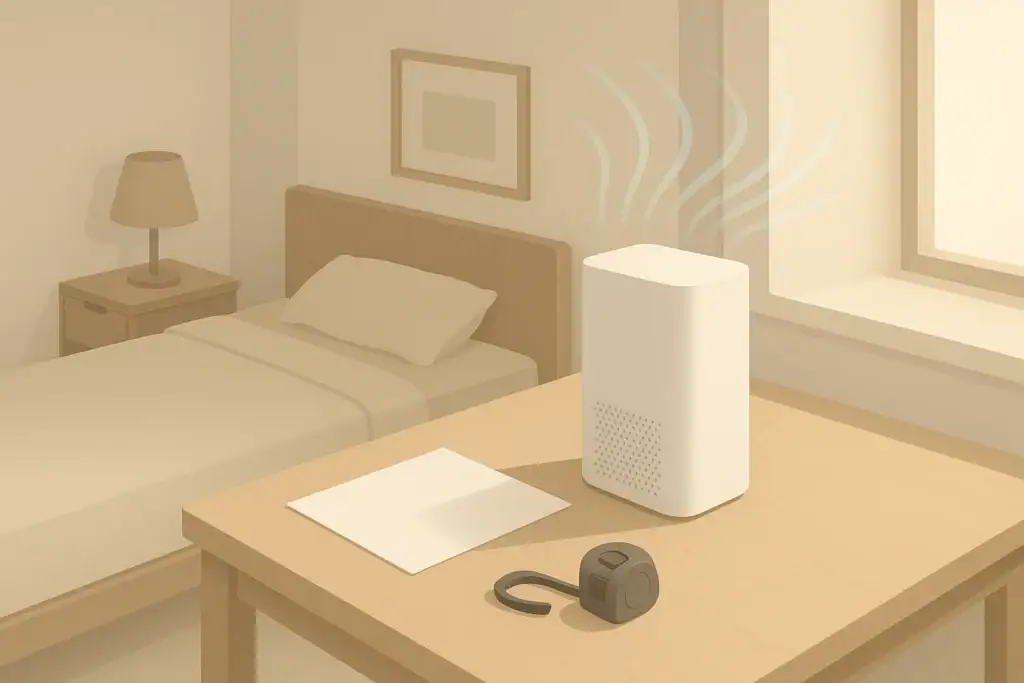 Isometric illustration of desk with air purifier and measuring tools