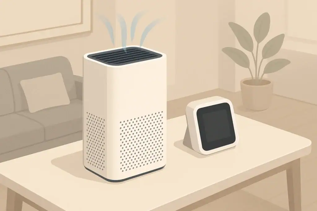 Isometric illustration of air purifier and PM2.5 monitor in a room