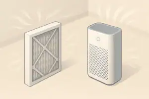 Isometric illustration comparing two generic air filtration devices