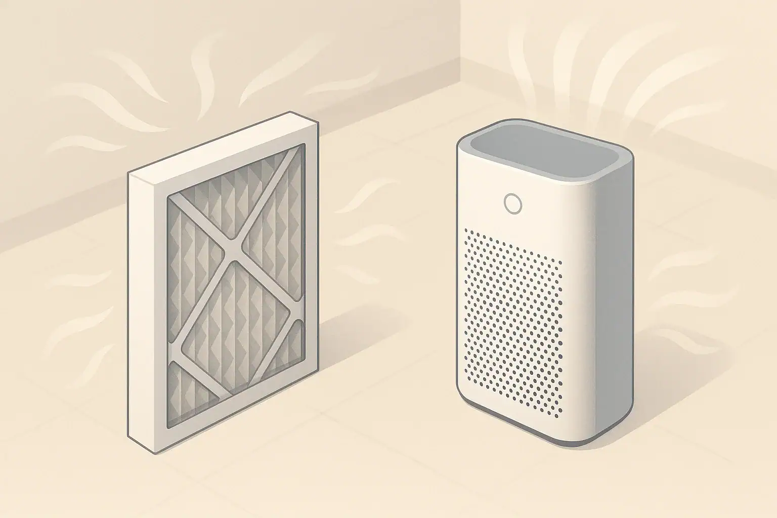 Isometric illustration comparing two generic air filtration devices