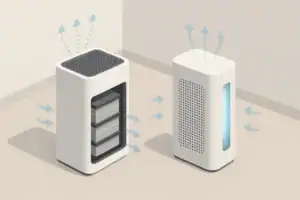 Isometric illustration comparing HEPA purifier and UV-C air device