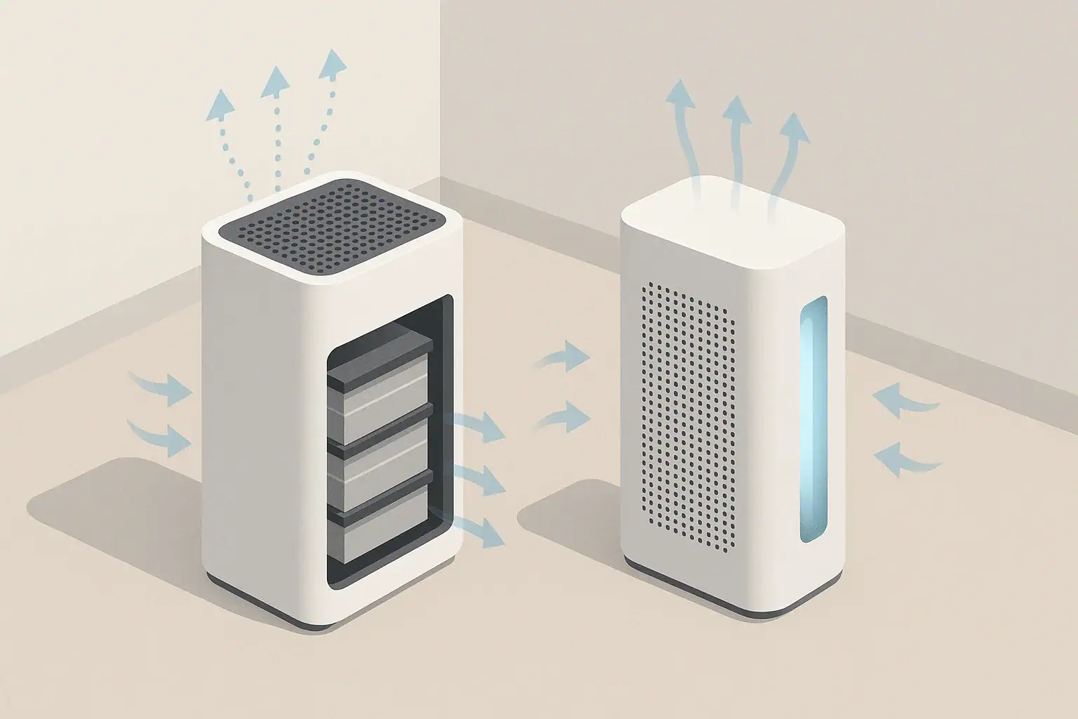Isometric illustration comparing HEPA purifier and UV-C air device