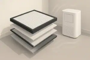 Isometric illustration of layered HEPA air filter near purifier