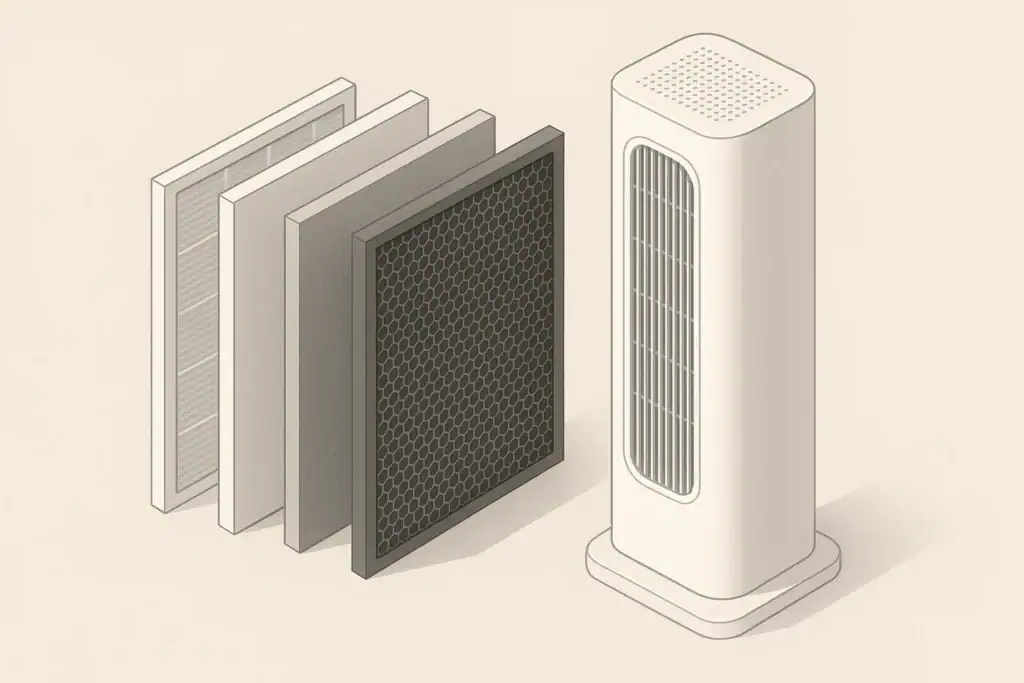 isometric illustration of layered hepa air filter beside purifier