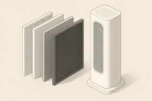 isometric illustration of layered hepa air filter beside purifier