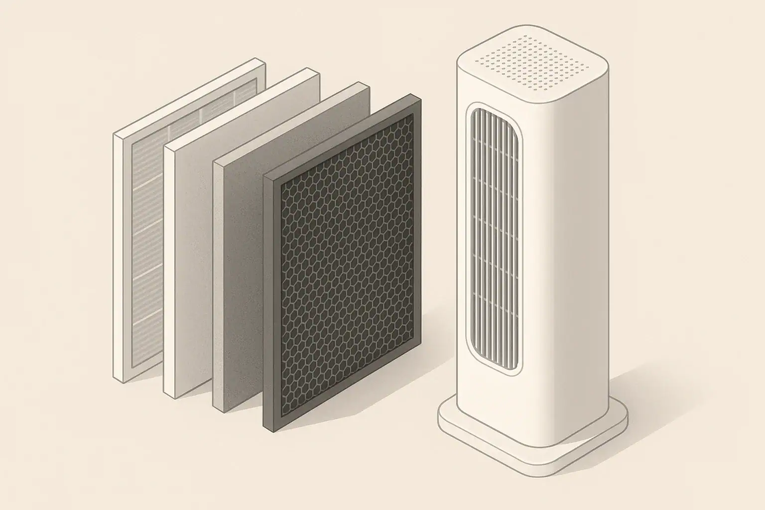 isometric illustration of layered hepa air filter beside purifier