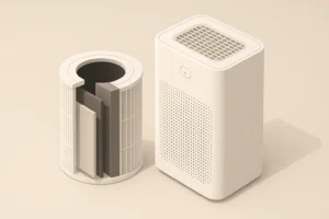 Isometric illustration of layered washable air filter beside purifier